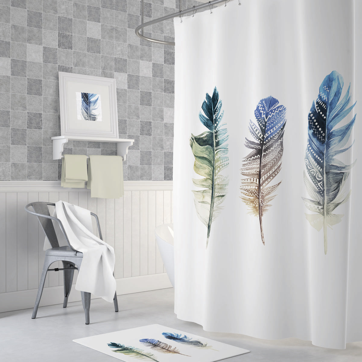 3S Brothers Plumes Shower Curtain Panel for Bathroom, Unique and Stylish Heavy Duty Design with 12 Grommets and Hooks, Polyester Multicolor 72 x 72